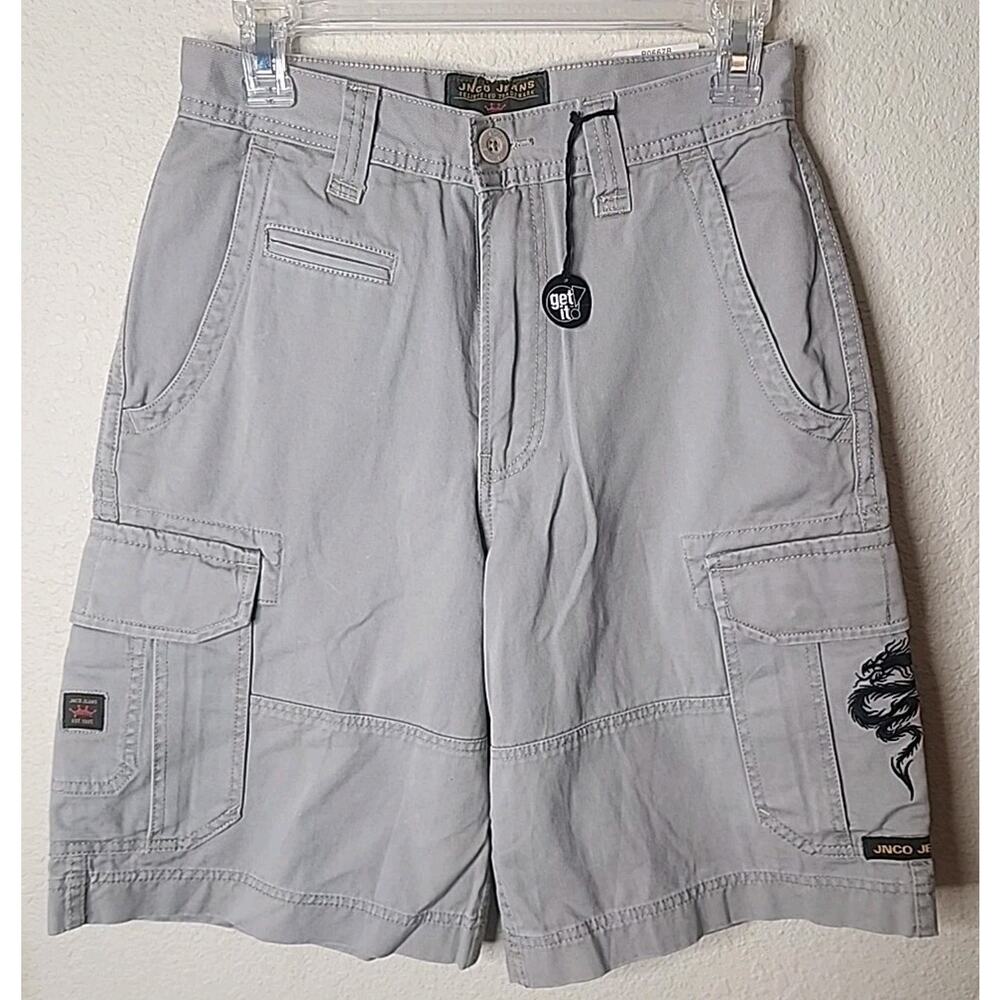 NEW Vintage JNCO Khaki Cargo Shorts Embroidered Dragon Y2K Baggy Size 28 90s